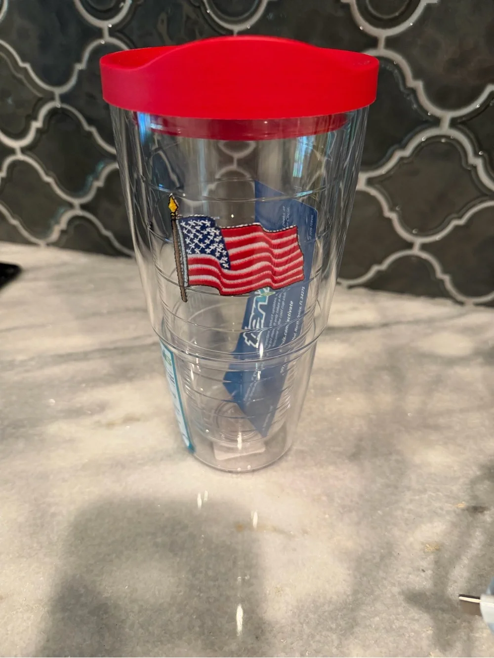 Clear Travel Tumbler with Red Lid and American Flag Design